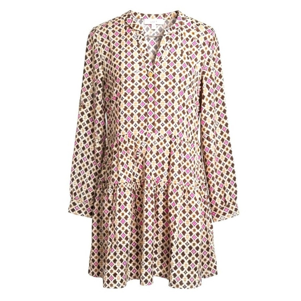 LOFT Brown Pink Geometric Tile Print Tiered Mini Dress Long Sleeve Size 8
